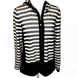 Zenergy by Chico's Hooded Full-Zip Jacket Striped Mesh Black White Womens Size 1